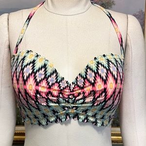 Victoria’s Secret Getaway Pink Black Gold Blue Bathing Suit Halter Bikini Top